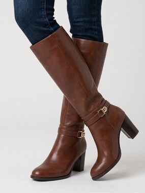 Women's Tall Wine  Leather Block-Heel Boots